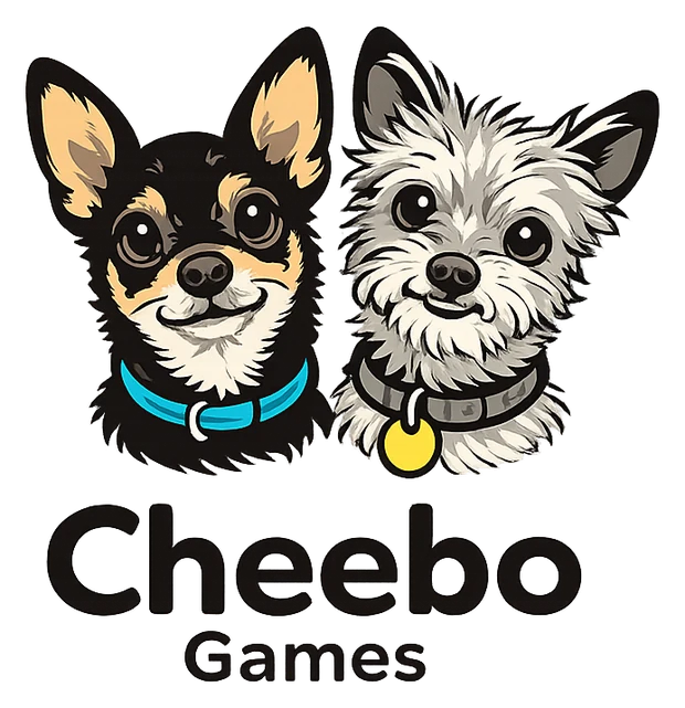 Cheebo Games logo with two illustrated dogs above the wordmark